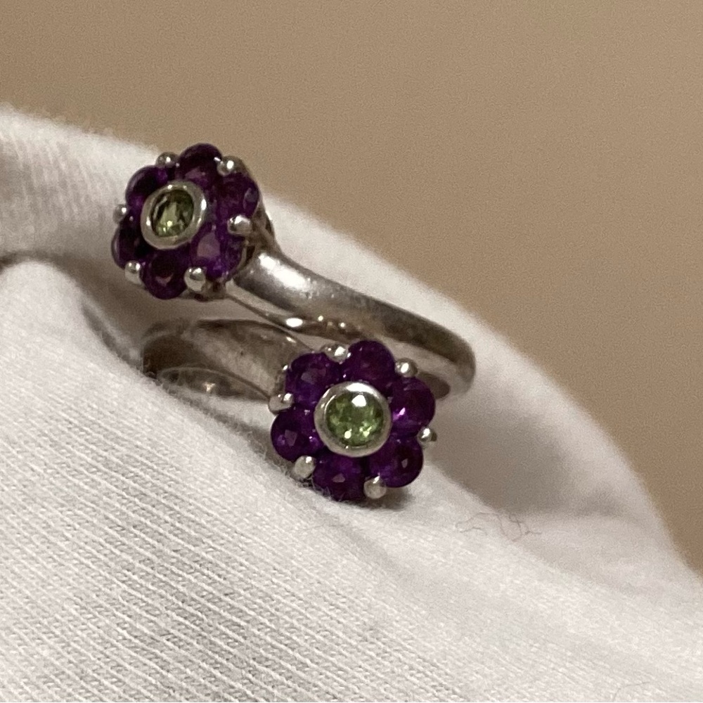 925 silver double flower Ring from Thailand💜💚vintage 70s